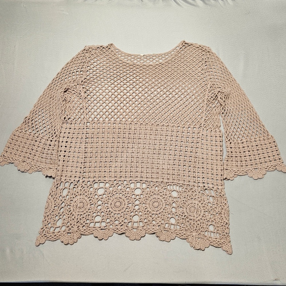 Crochet Lace Top Womens XL Tan Cottagecore Boho Bell Sleeve Floral‎ Festival